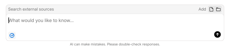 The eno Ask composer with the Clio logo tile lit in the footer beside the send button.