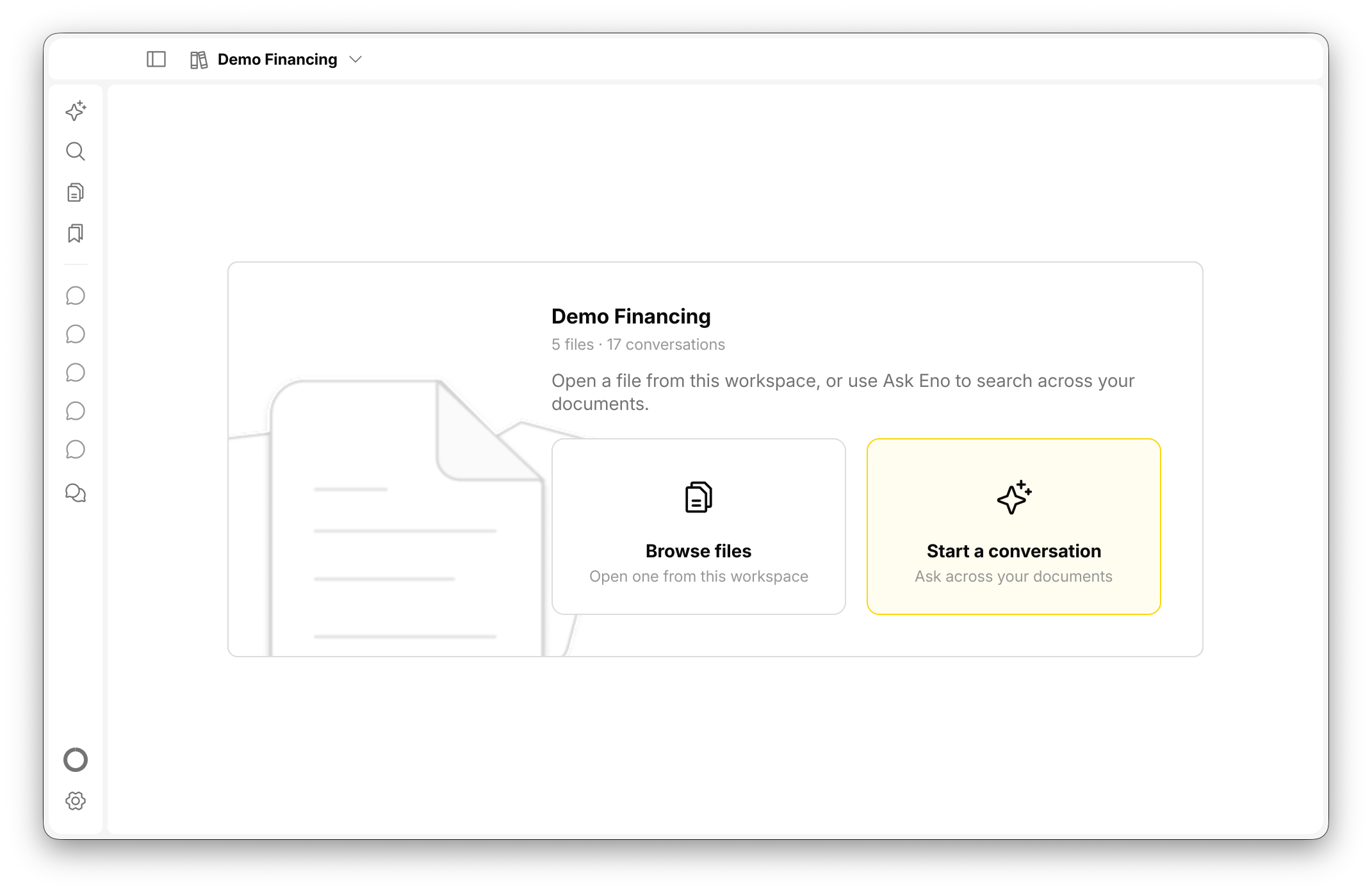 The Demo Financing workspace with Start a conversation selected.